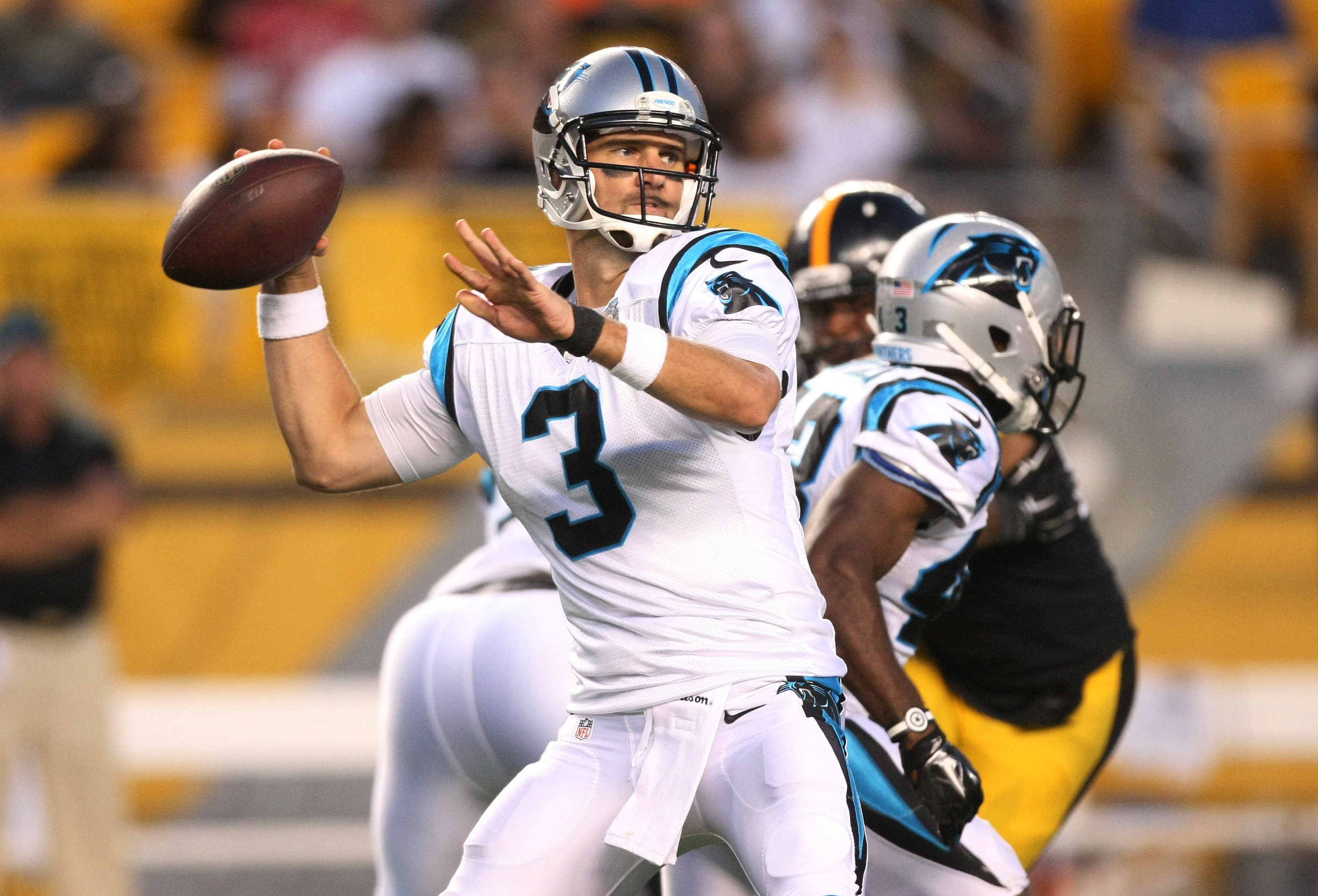 Carolina Panthers quarterback Derek Anderson (3) talks with